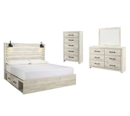 Cama King Cambeck con dos cajones de almacenamiento, cómoda con espejo, cómoda y mesita de noche