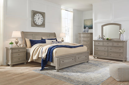 Lettner King Sleigh Bed with 2 Storage Drawers with Mirrored Dresser, Chest and Nightstand