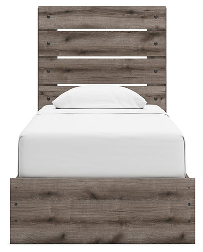 Graystorm Twin Panel Bed with Storage with Mirrored Dresser and Nightstand