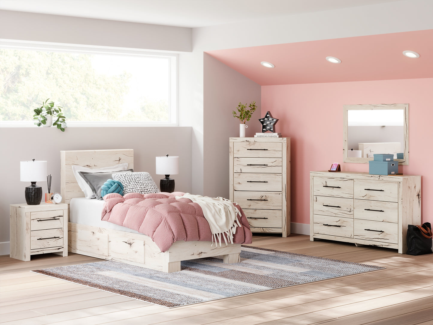 Lawroy Twin Panel Bed with Storage, Dresser and Mirror