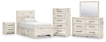 Lawroy Twin Panel Bed with Storage, Dresser, Mirror, Chest and Nightstand