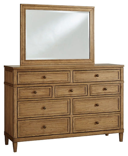 Sharlance King Upholstered Panel Bed, Dresser and Mirror