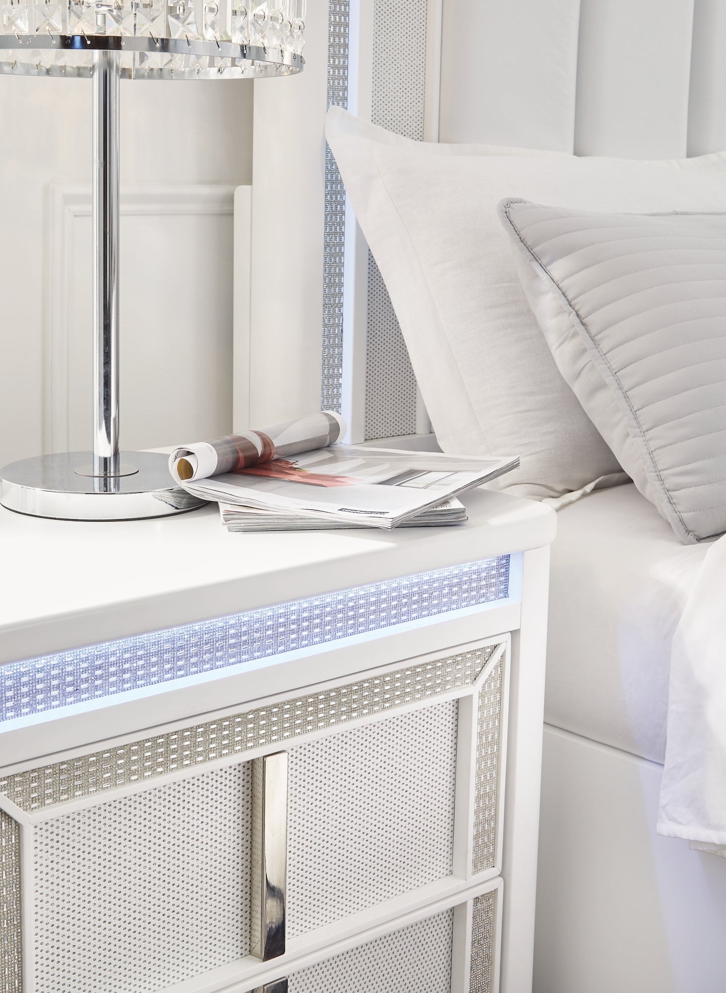 Chalanna California King Upholstered Storage Bed, Dresser, Mirror and Nightstand