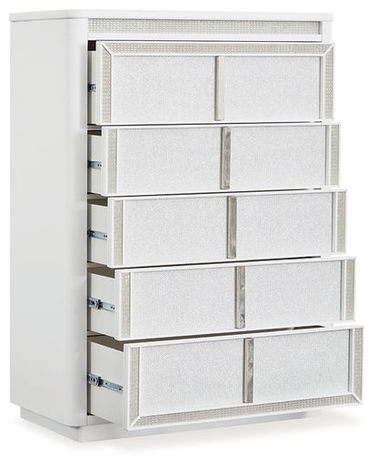 Chalanna California King Upholstered Storage Bed, Dresser, Mirror, Chest and Nightstand