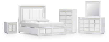 Chalanna California King Upholstered Storage Bed, Dresser, Mirror, Chest and Nightstand