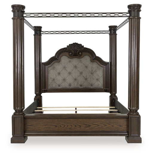 Maylee King Canopy Bed, Dresser, Mirror and Nightstand