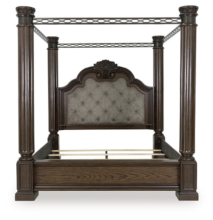Maylee King Canopy Bed, Dresser, Mirror and Nightstand