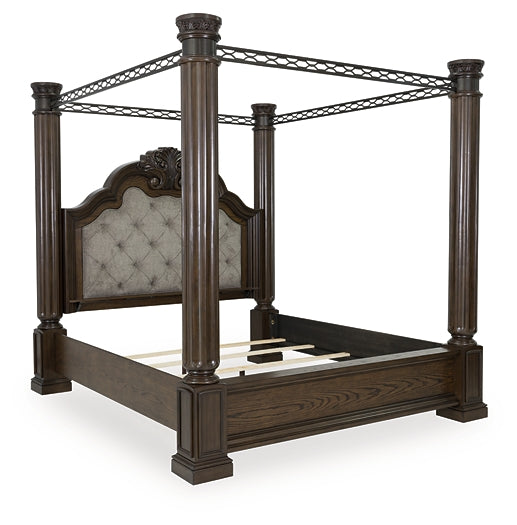 Maylee King Canopy Bed, Dresser, Mirror and Nightstand
