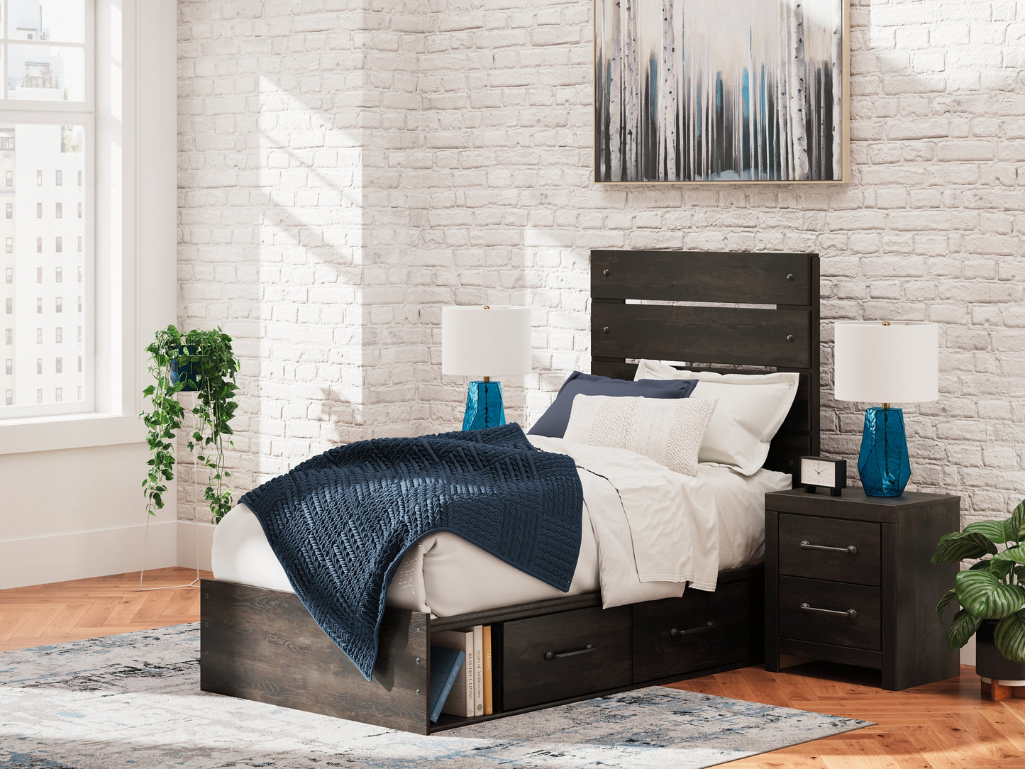 Hollivern Twin Panel Storage Bed, Dresser, Mirror and Nightstand