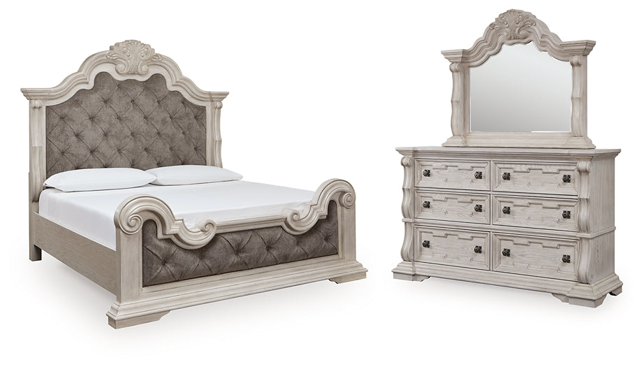 Bruchandi King Upholstered Panel Bed with Mirrored Dresser