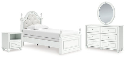 Kozlani Twin Upholstered Panel Bed, Dresser, Mirror and Nightstand