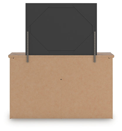 Rusticott Queen Poster Bed with Mirrored Dresser and Nightstand