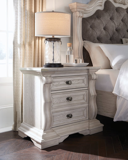 Bruchandi King Upholstered Panel Bed with Mirrored Dresser and Nightstand